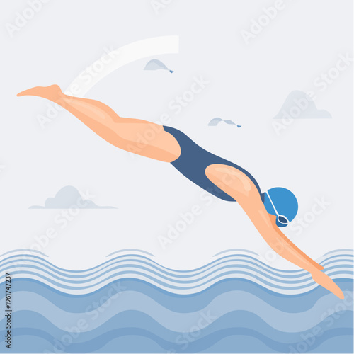 Woman diving into water, blue waves and sky with clouds, athletic activity illustration