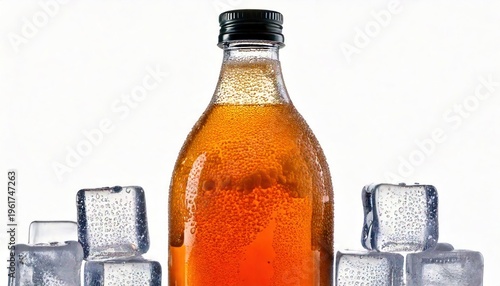 Refreshing Kombucha Bottle with Frozen Bubbles on White Background