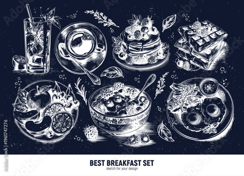 Delicious and varied breakfast: scrambled eggs with bacon, Belgian waffles, coffee, and porridge with fruit. Hand-drawn sketches.