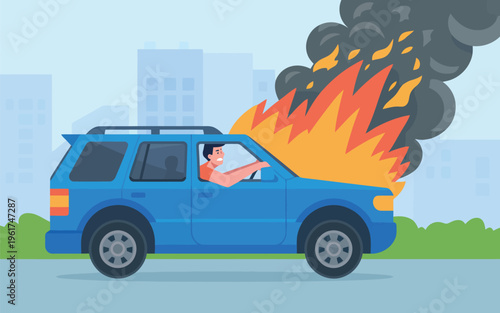 A distressed driver watches intense flames and thick smoke erupting from his blue SUV car