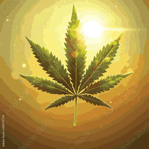 Green cannabis leaf glows in golden sun, showing medicinal plant science and health. Organic herb shows research in botany and wellness treatment. , vector style simple color