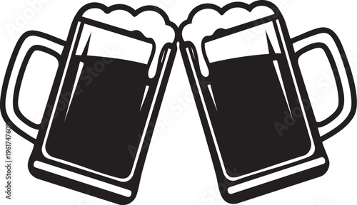 Two frosted beer mugs clinking in celebration, stylized black and white vector art, Clinking Glasses