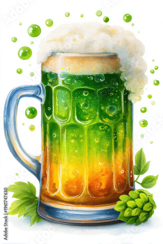 Refreshing green beer mug with foam and hops, vibrant watercolor illustration capturing festive drink concept with fresh natural ingredients and bubbles