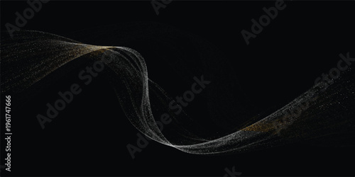 Abstract flowing wave of light particles, gold and white mix on black, smooth energy stream, futuristic background design, abstract art