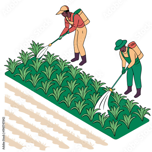 Two farmers spraying pesticides on a crop field