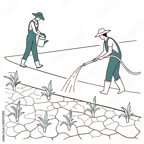 Farmers watering a field with a watering can and hose