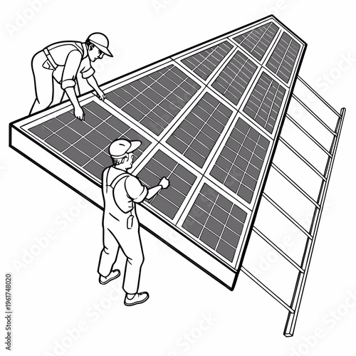 Two workers installing a large solar panel