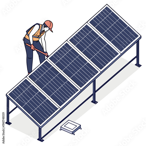 Worker installing solar panels on a metal rack