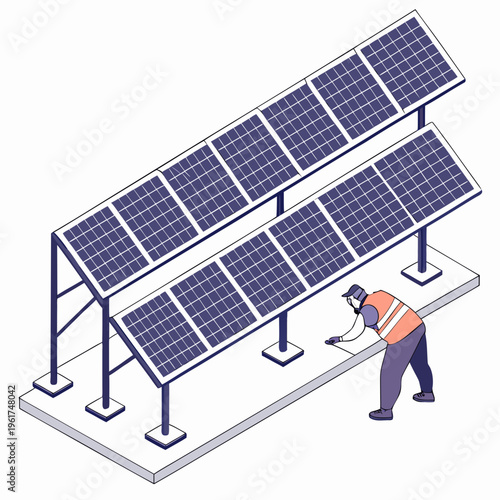 Worker installing solar panels on a rack