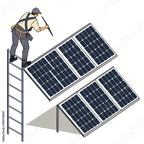 Worker installing solar panels on a roof