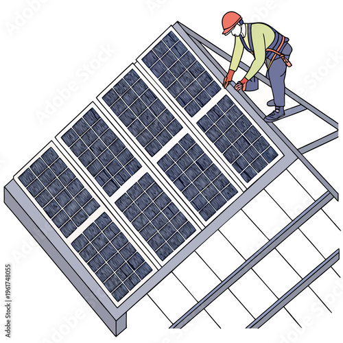 Worker installing solar panels on a roof