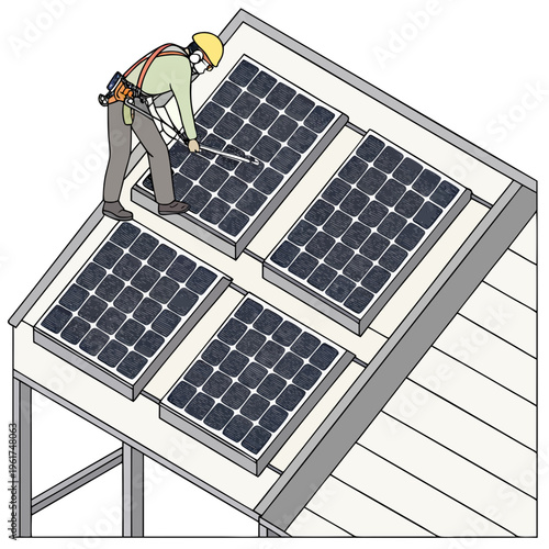 Worker installing solar panels on a roof
