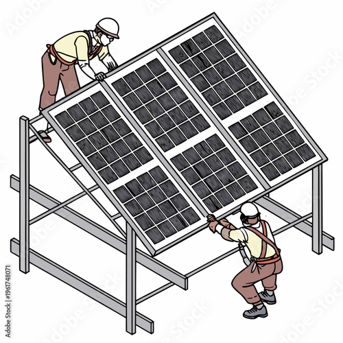 Workers installing a large solar panel