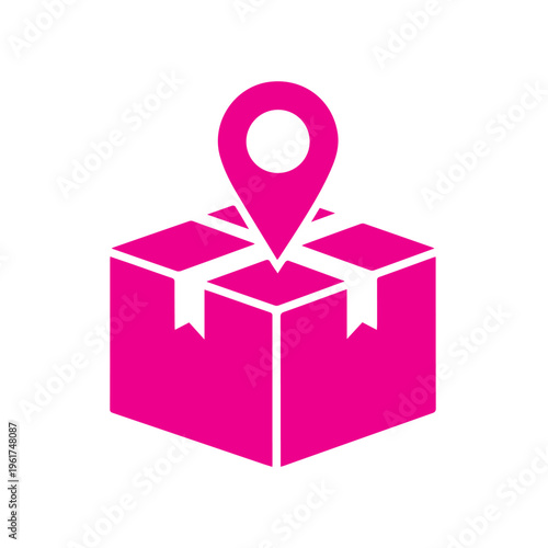 Magenta shipping box icon clearly indicates package tracking location service with a prominent map pin symbol.