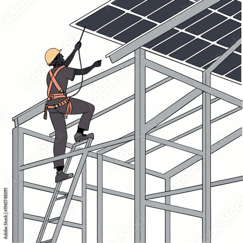 Worker installing solar panel on metal structure