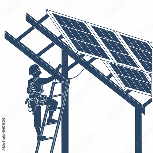 Worker installing solar panel on metal structure