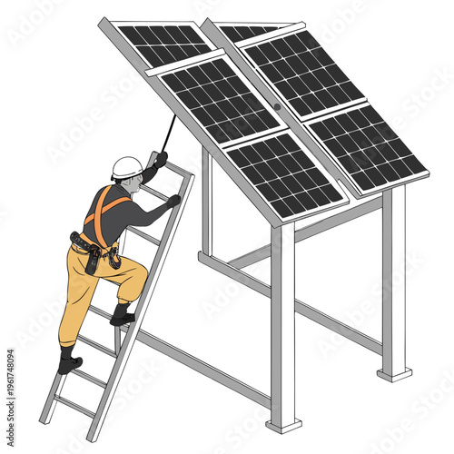 Worker installing solar panels on a metal frame