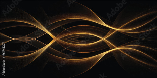 Abstract golden flowing waves of light and energy on a dark background, futuristic digital art, motion blur, glowing particles, abstract design