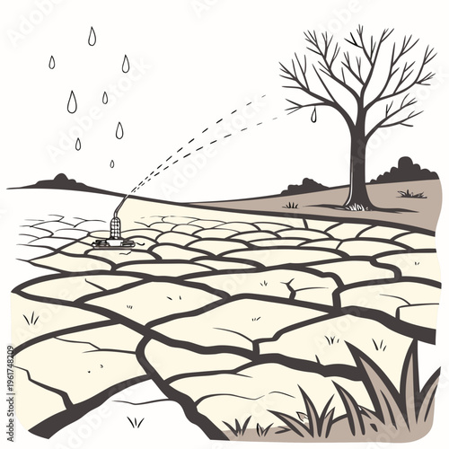Irrigation system watering a dry cracked earth landscape with a tree