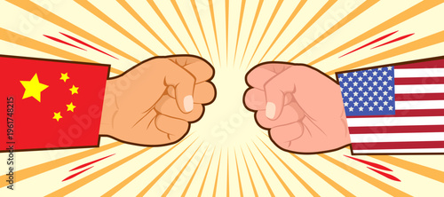 Cartoon vector illustration of two fists with China and United States flags on comic background representing global rivalry, economic competition and geopolitical tension