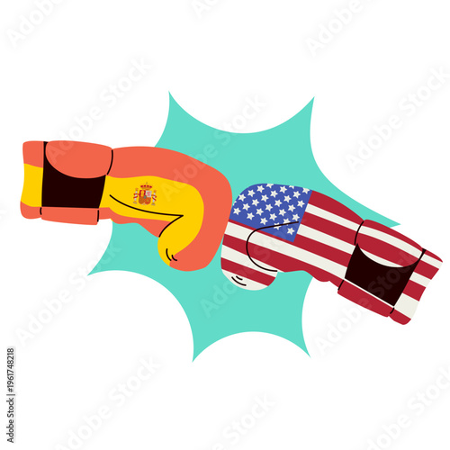 Cartoon vector illustration of boxing gloves with Spain and United States flags representing competition, rivalry and global relations