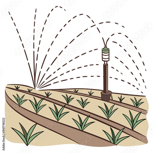 An irrigation system watering a crop field
