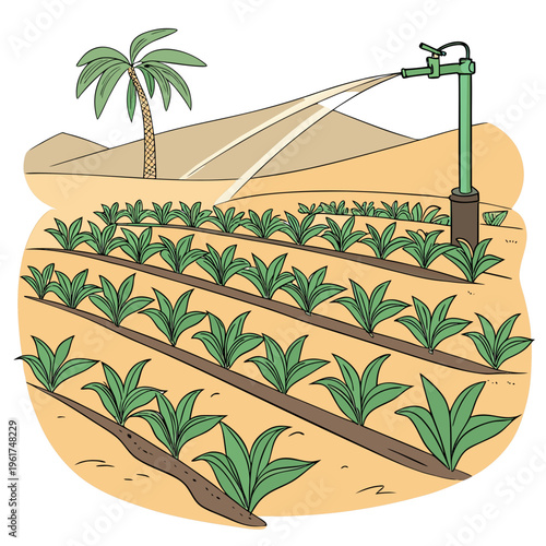 A field with rows of crops being irrigated by a sprinkler