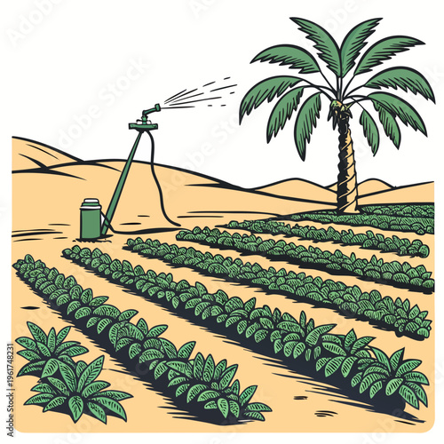 A field of plants being watered by a sprinkler