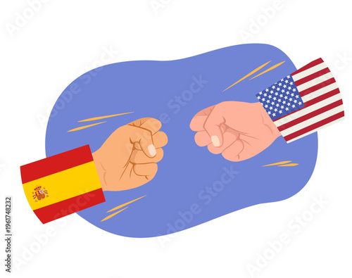 Cartoon vector illustration of two fists with Spain and United States flags representing international tension, competition and political relations