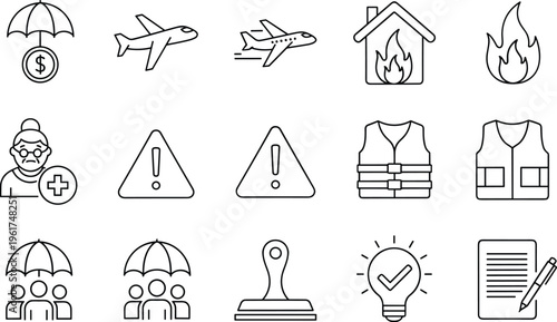 Insurance And Safety Icon Set Featuring Life Protection, Travel Coverage, Fire Hazard, Home Security, Medical Support, Warning Signs, And Legal Contract Elements