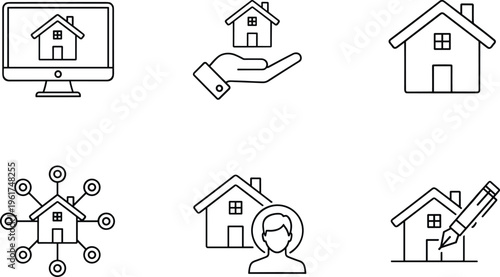 Real estate line icon set featuring house on computer screen, property in hand, home network, and agent symbols for mortgage.