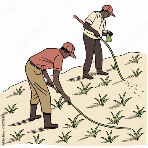 Two men applying pesticide to a field