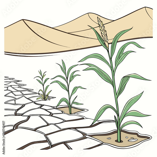 Corn plants growing in dry cracked earth