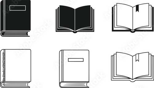 Set of book icons featuring open and closed textbooks, encyclopedia silhouettes, and literature symbols isolated for education and library design.