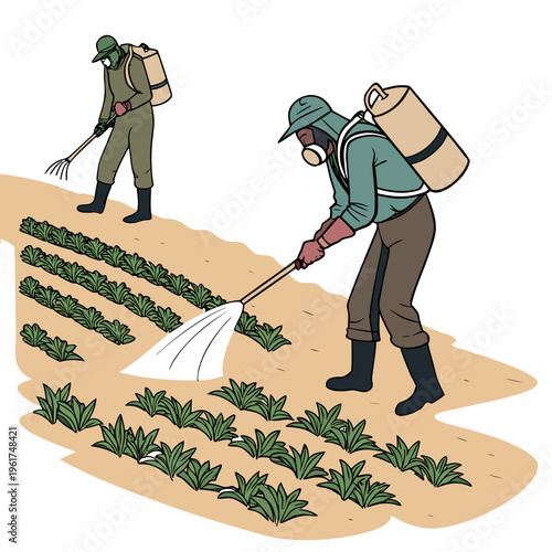 Farmers spraying pesticide on crops in a field