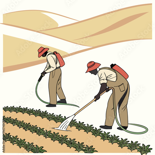 Two men spraying plants in a field with a hose