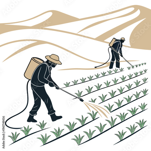 Farmers spraying pesticide on crop rows