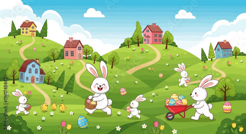 Charming Easter morning illustration with happy bunnies and painted eggs exploring a whimsical village landscape with rolling hills and blooming nature