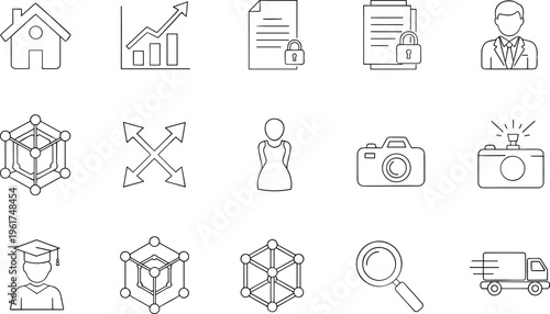 Set of Universal Line Icons for Business, Real Estate, Data Security, Photography, Education, Logistics, and Abstract Geometric Shapes for Interface Design