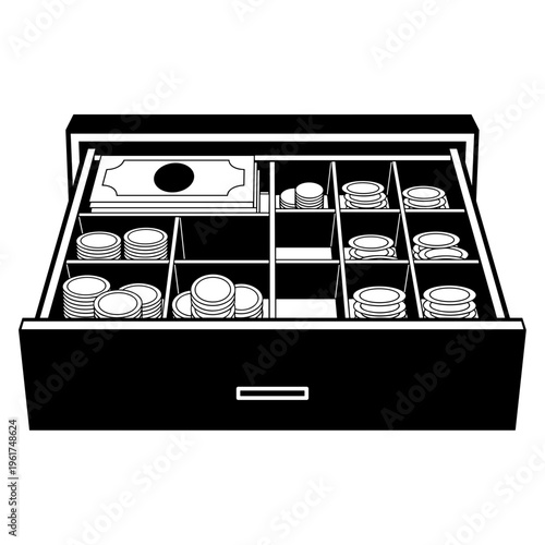 Cash register with coins and bills.