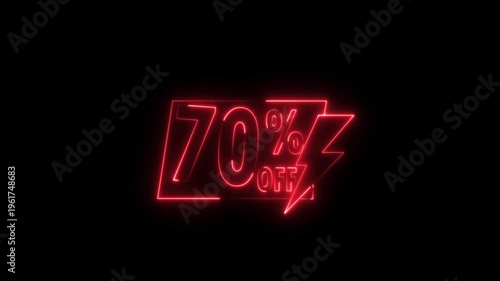 Blue neon 70 percent sale sign with percentage symbol and lightning bolt glowing in dark background for retail discount promotion advertising.