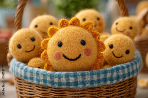Cute handmade felt sun characters in basket, soft toy illustration with warm tones, cheerful and cozy concept, playful craft design for children