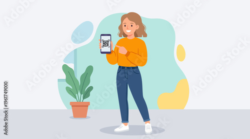 Smiling woman holding smartphone displaying QR code, pointing at screen.