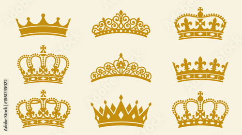 A collection of nine ornate golden crowns and tiaras with various royal designs, set against a light background.