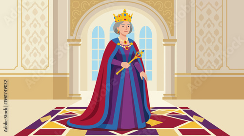 An elderly queen wearing a crown and royal robes stands majestically in a grand palace hall, holding a golden scepter.