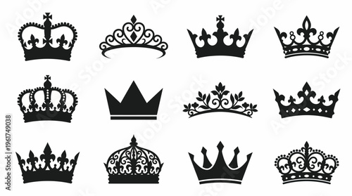 A collection of twelve black silhouette crowns and tiaras with various ornate and simple designs.