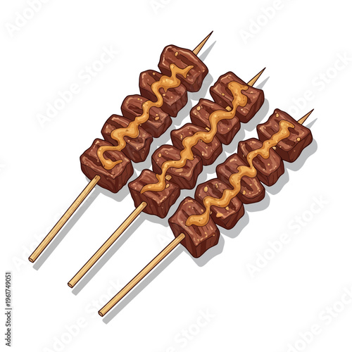 Three meat skewers with sauce on white background