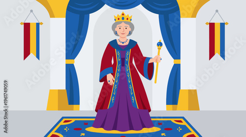 An elegant elderly queen standing in a grand royal hall, adorned with a crown and holding a scepter, surrounded by blue drapes and banners.