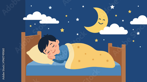 A peaceful illustration of a young boy sleeping soundly in his bed at night, under a starry sky with a smiling crescent moon and soft clouds.