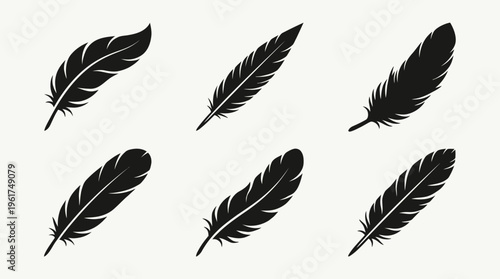 Six black stylized bird feathers with varying shapes and orientations on a light background.